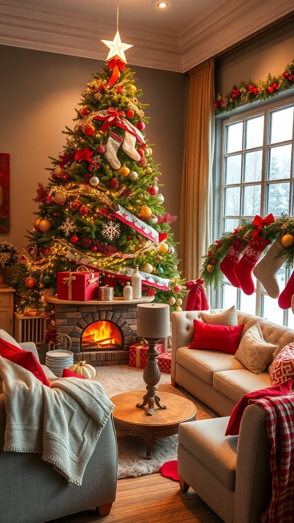 Festive Christmas Aesthetic Ideas for 2025 A cozy Christmas living room with a decorated tree, fireplace, and festive table setting.